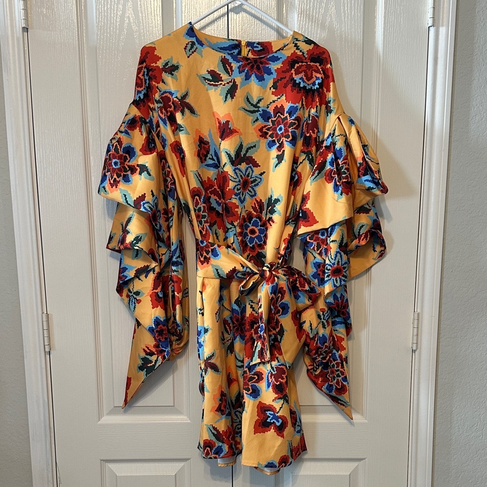 N by Nancy Yellow Floral Ruffle Sleeve Dress Size Large